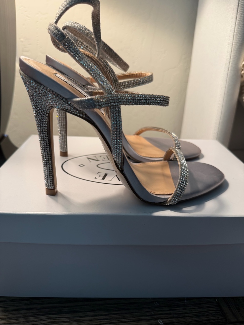 Steve Madden Silver Crystal-Embellished Strappy Heels